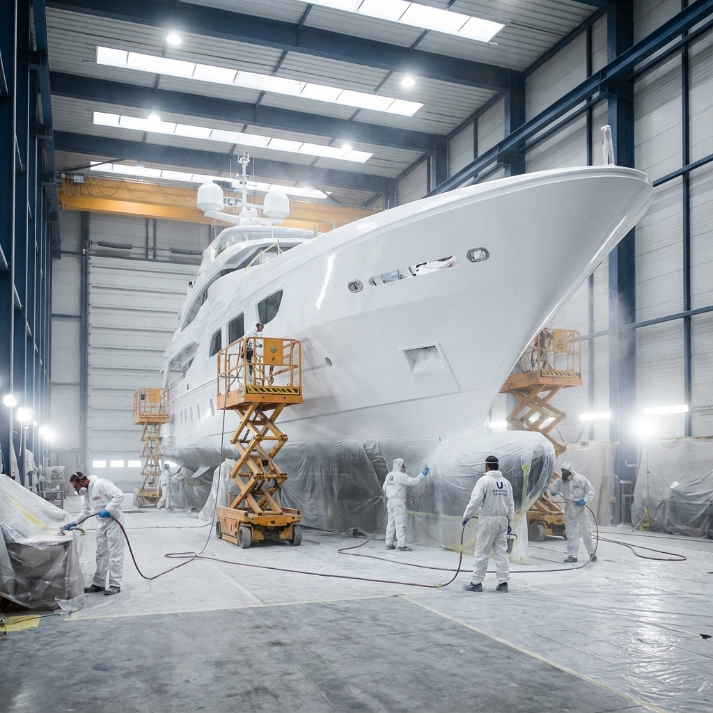 Professional yacht polishing technician restoring a superyacht paint finish
